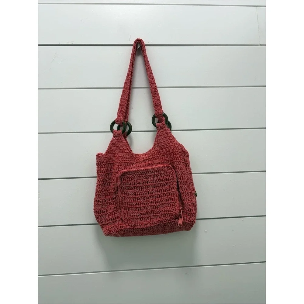 Handwoven Coral Crochet Tote Bag with Wooden Ring Handles